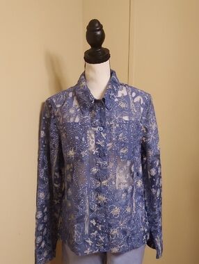 Blue Floral Sheer Button-Up Blouse